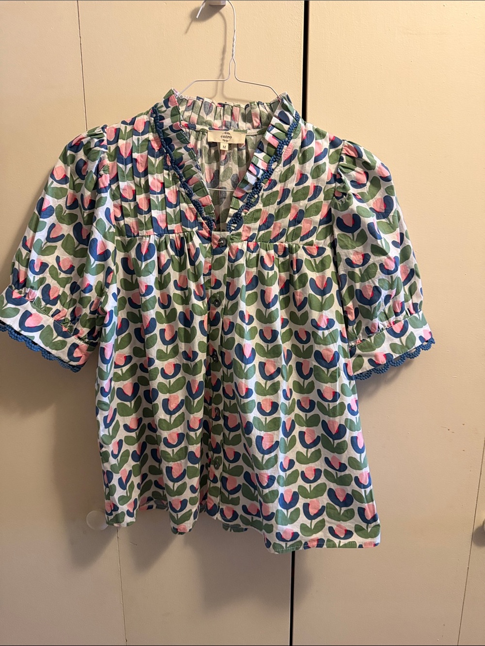 Women’s Floral Print Puff-Sleeve Top - White-Cream, Pink & Green, 100% Cotton
